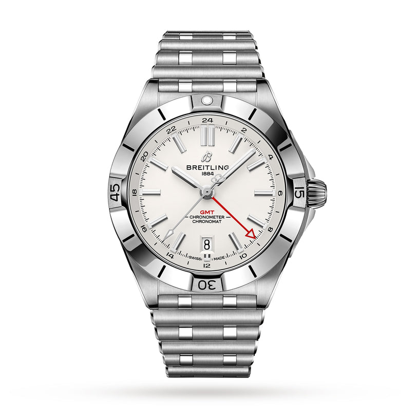 The Breitling Chronomat Automatic GMT 40 is a stainless steel wristwatch with a light dial, GMT function, date at 6 o’clock, and a metal link bracelet, shown on a white background.