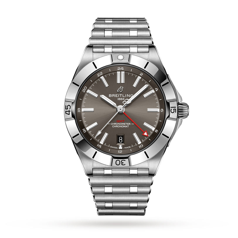 The Breitling Chronomat Automatic GMT 40 wristwatch features a stainless steel case, gray dial with silver markers, GMT hand, date at 6 oclock, and metal link bracelet, shown against a white background.