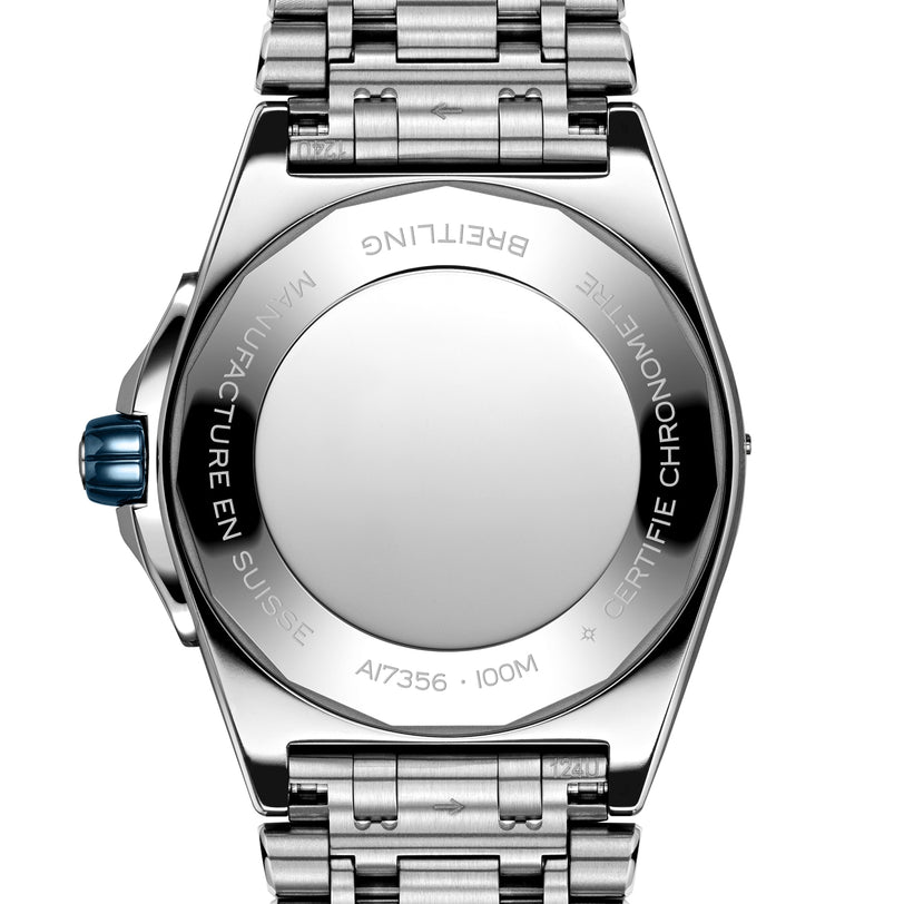 The back of the Breitling Super Chronomat Automatic 38 stainless steel watch features engravings like “Manufacture en Suisse,” “Certifie Chronometre,” and houses the precise Breitling 17 calibre.