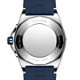 Back view of the Breitling Super Chronomat Automatic 38, featuring a stainless steel case, blue crown and strap, engraved markings, and reflections of its ice blue dial and diamond-set bezel in the detailed design.