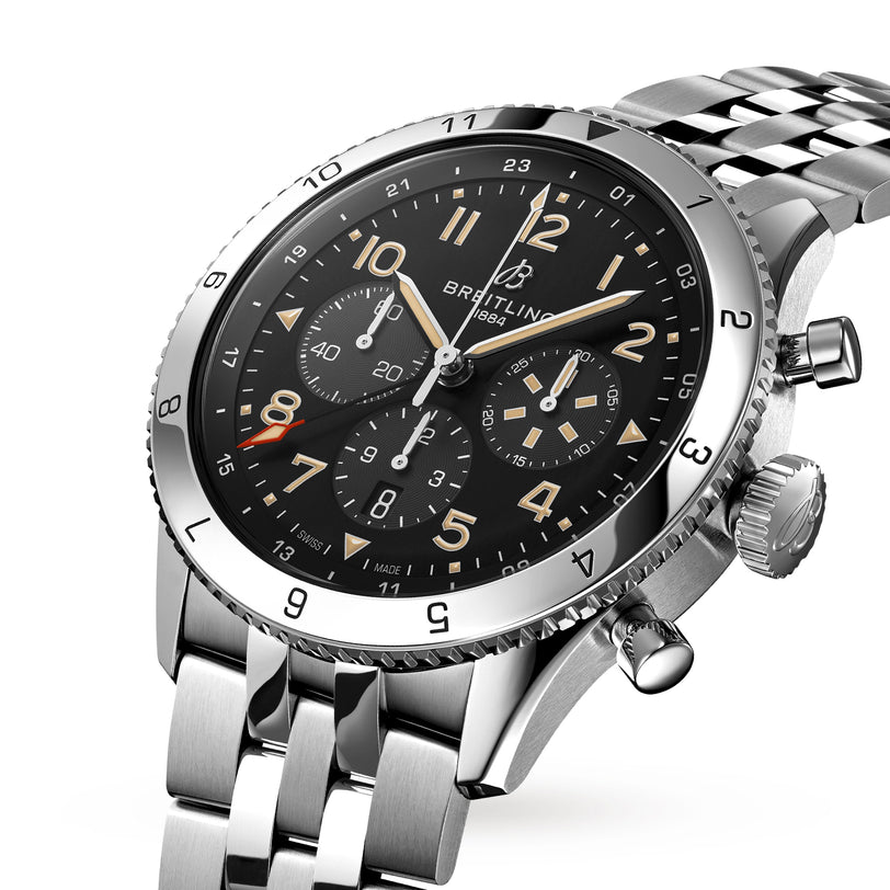 A close-up of the Breitling Super AVI B04 Chronograph GMT 46 P-51 Mustang, showcasing its design inspired by the legendary aircraft.