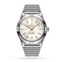 The Breitling Chronomat Automatic 36 is a stainless steel wristwatch featuring a white dial, diamond indexes, date display at 6 o’clock, and a matching bracelet, shown on a white background.