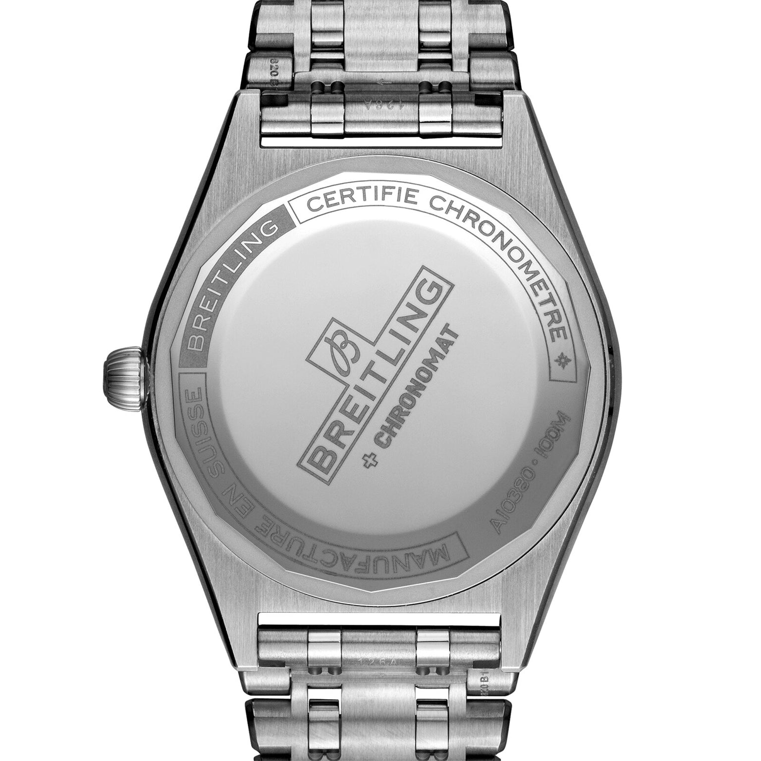 Back view of the Breitling Chronomat Automatic 36 with a stainless steel bracelet, featuring engraved branding, model name, and manufacturer details on the case back.