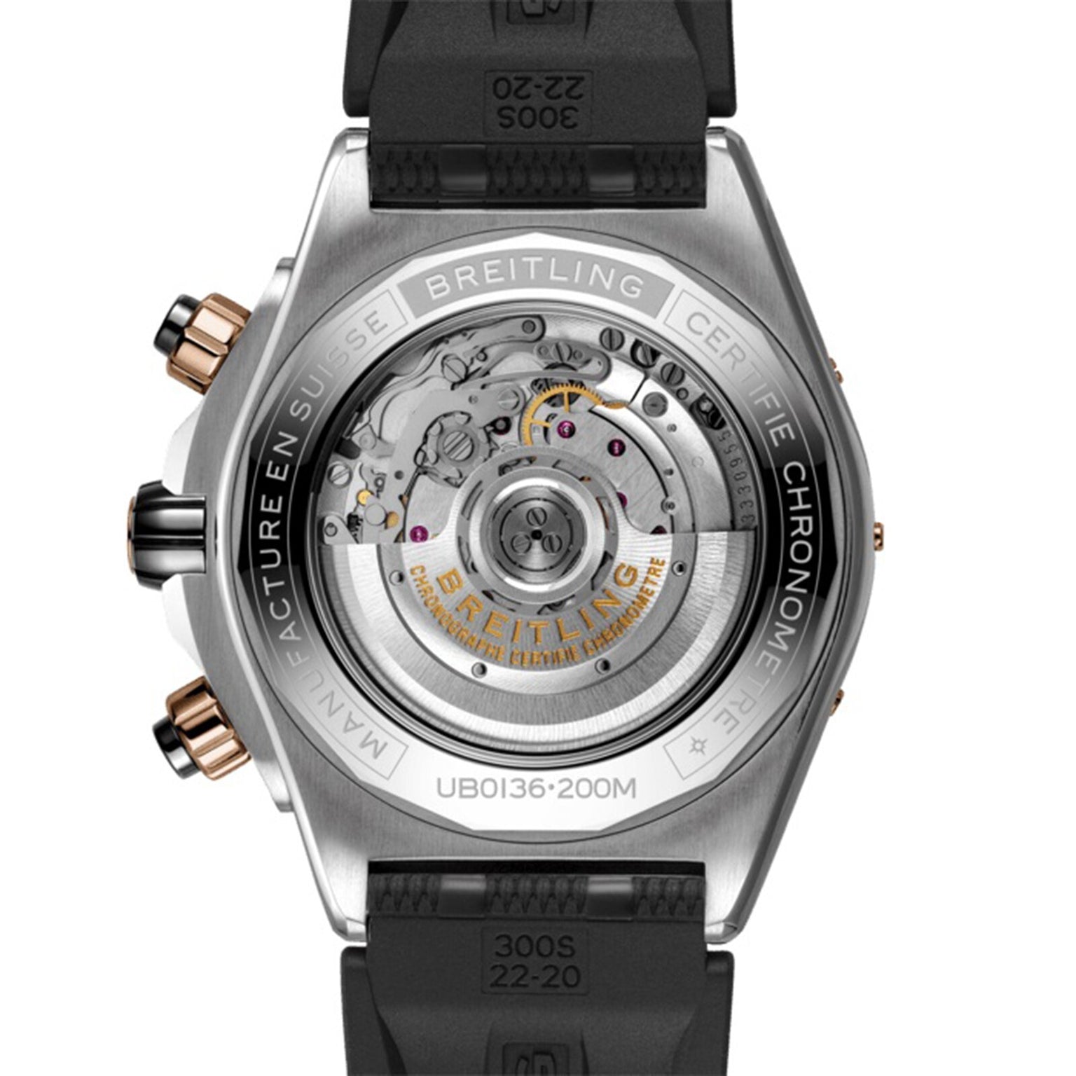 The back of the Breitling Super Chronomat B01 44 displays its mechanical Breitling 01 calibre through a transparent caseback, with the brand and specs engraved around the edge.