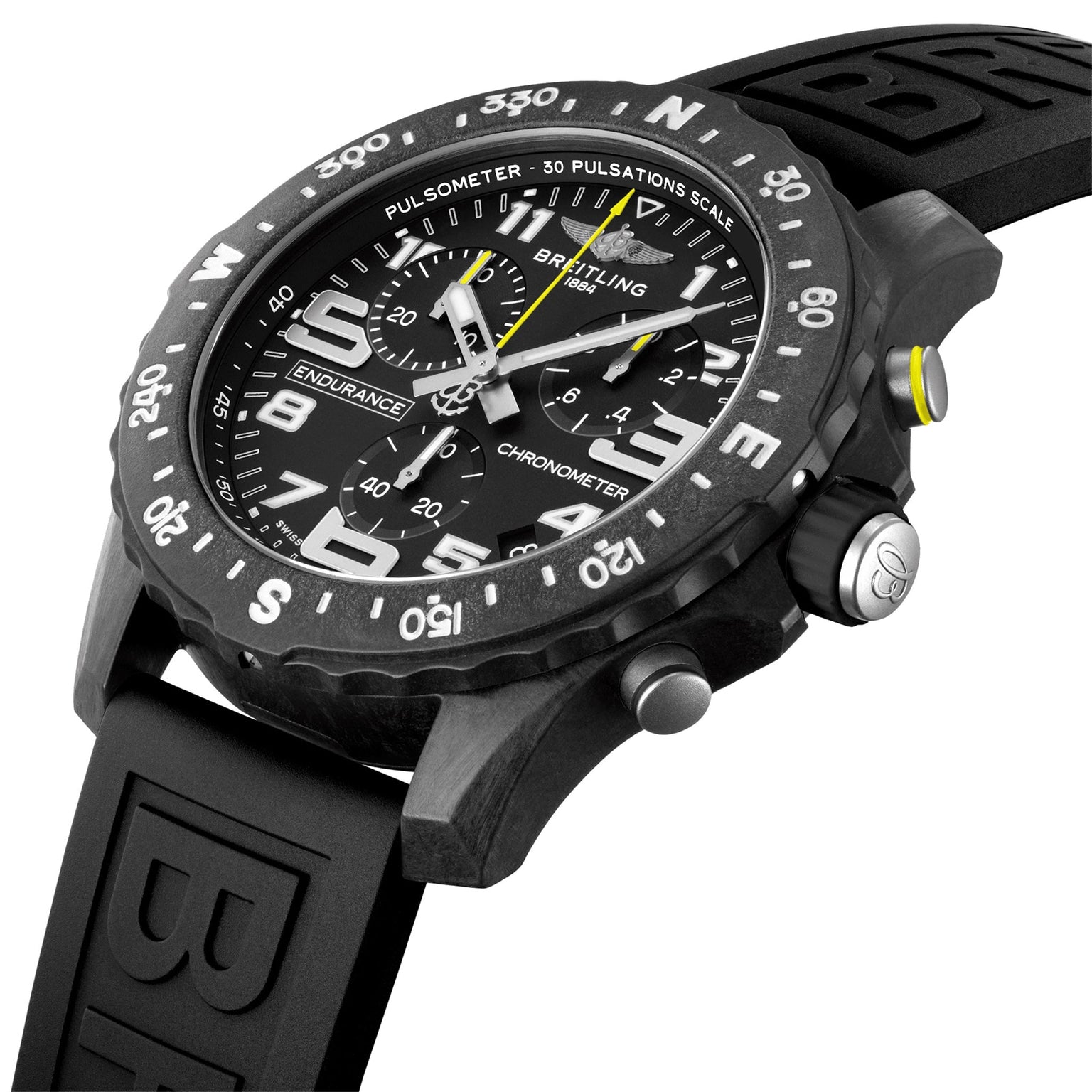 A close-up of the Breitling Endurance Pro 44 watch highlights its black face, white markers, black rubber strap, and rotating bezel with numeric engravings—all crafted in ultra-lightweight Breitlight®.