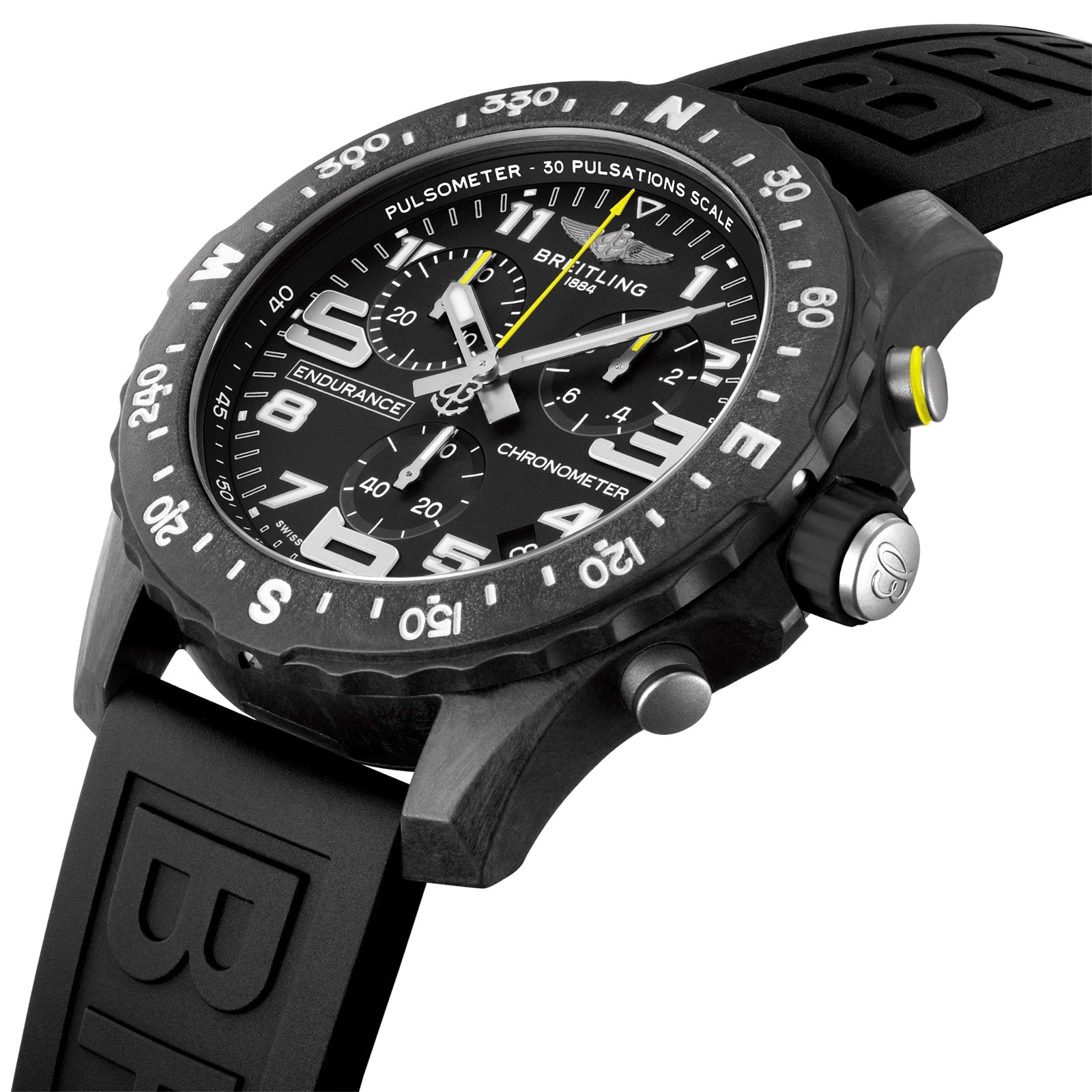 A close-up of the Breitling Endurance Pro 44 watch highlights its black face, white markers, black rubber strap, and rotating bezel with numeric engravings—all crafted in ultra-lightweight Breitlight®.