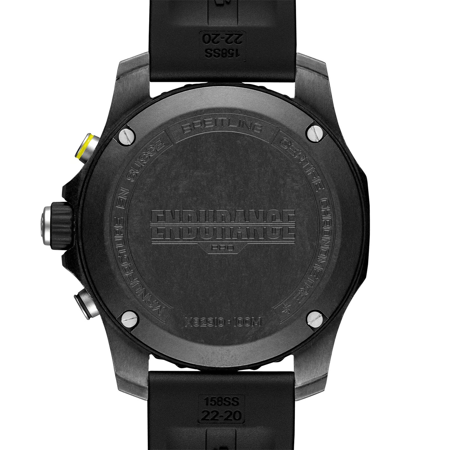 The back of the Breitling Endurance Pro 44 in black Breitlight® shows engraved branding and technical info, with visible buttons and strap.