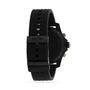 Black rubber wristwatch band with buckle, attached to a black Breitling Endurance Pro 44 case, shown from the back against a white background.