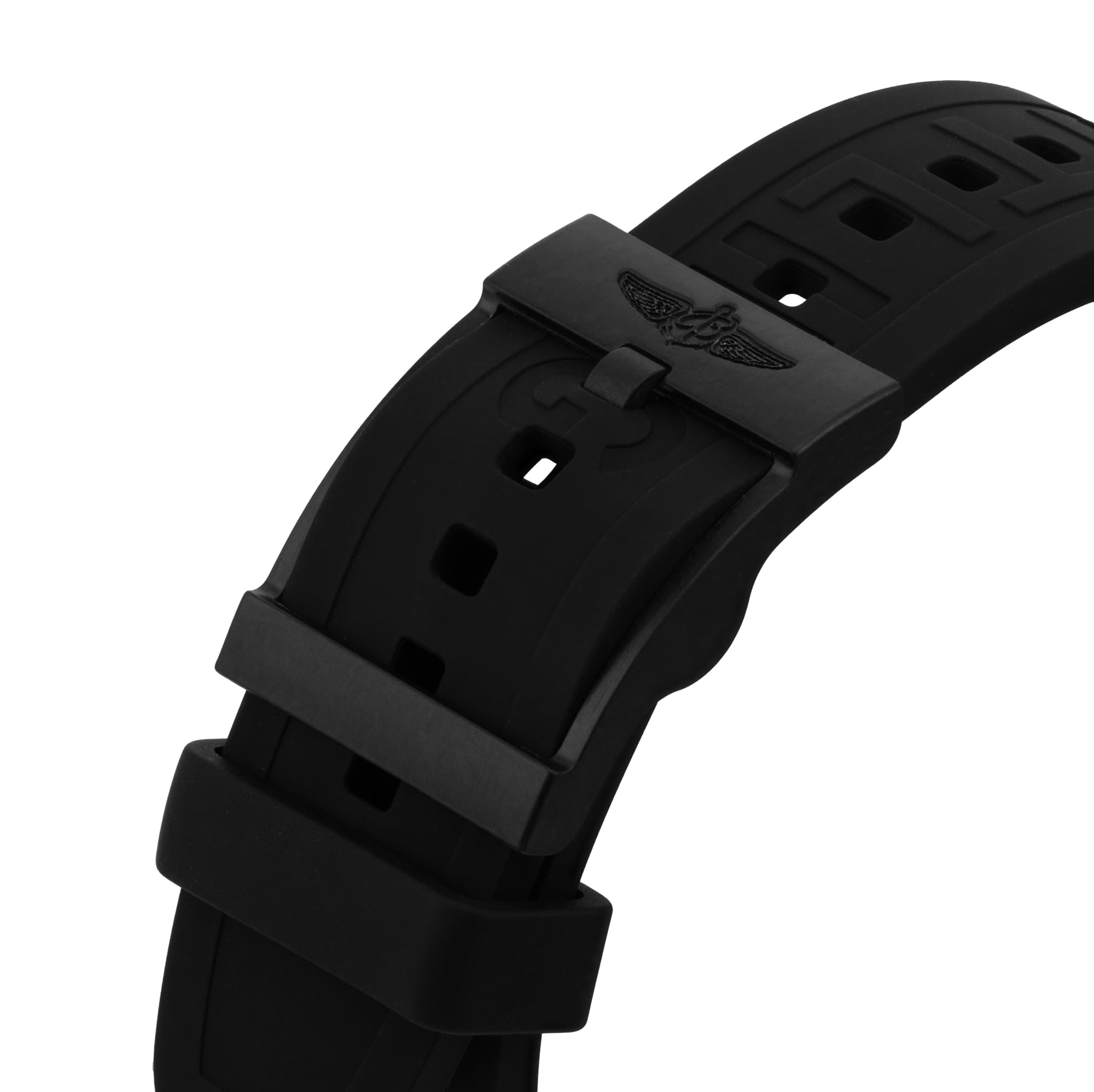 Close-up of the Breitling Endurance Pro 44’s black rubber strap, featuring a rectangular buckle and embossed winged logo, crafted from lightweight Breitlight®.