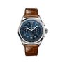 Breitling Premier B01 Chronograph 42 featuring a blue COSC-certified chronograph dial, silver markers, and a brown leather strap, shown against a white background.