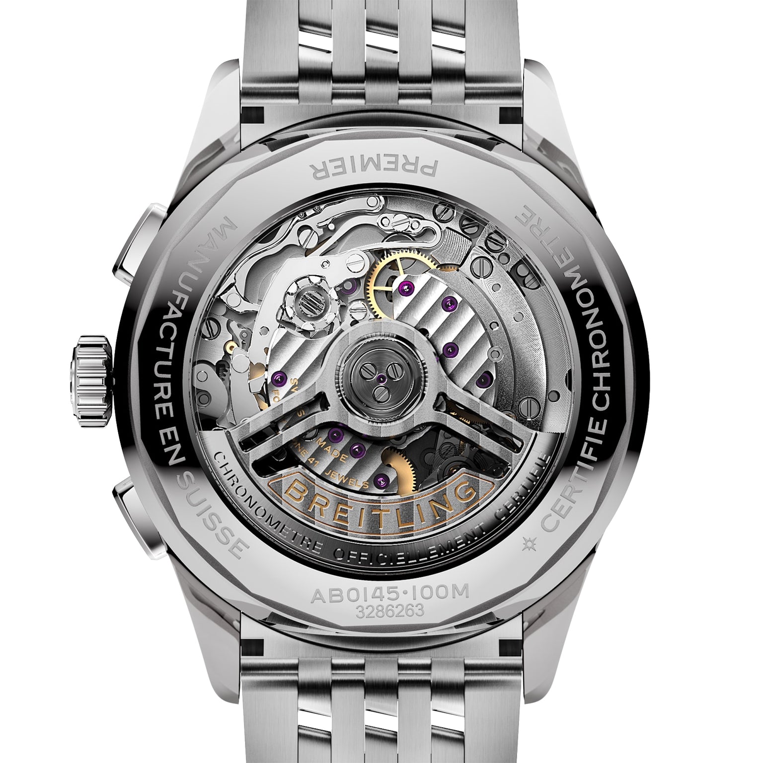 Close-up of the Breitling Premier B01 Chronograph 42, showing its exposed mechanical movement with detailed gears and a labeled rotor, all within a stainless steel case engraved with text.
