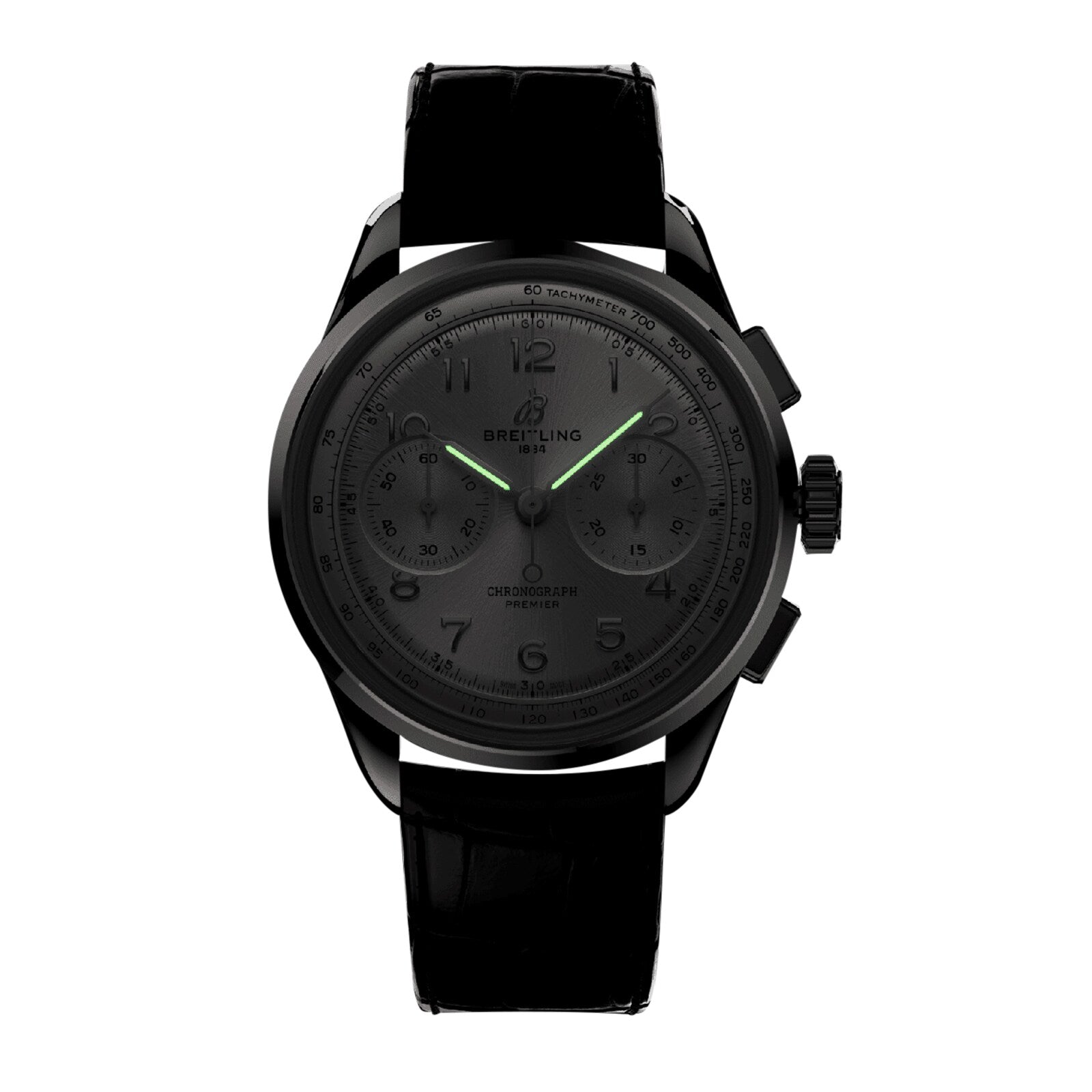 The Breitling Premier B09 Chronograph 42 features a black leather strap and luminous green hour and minute hands.