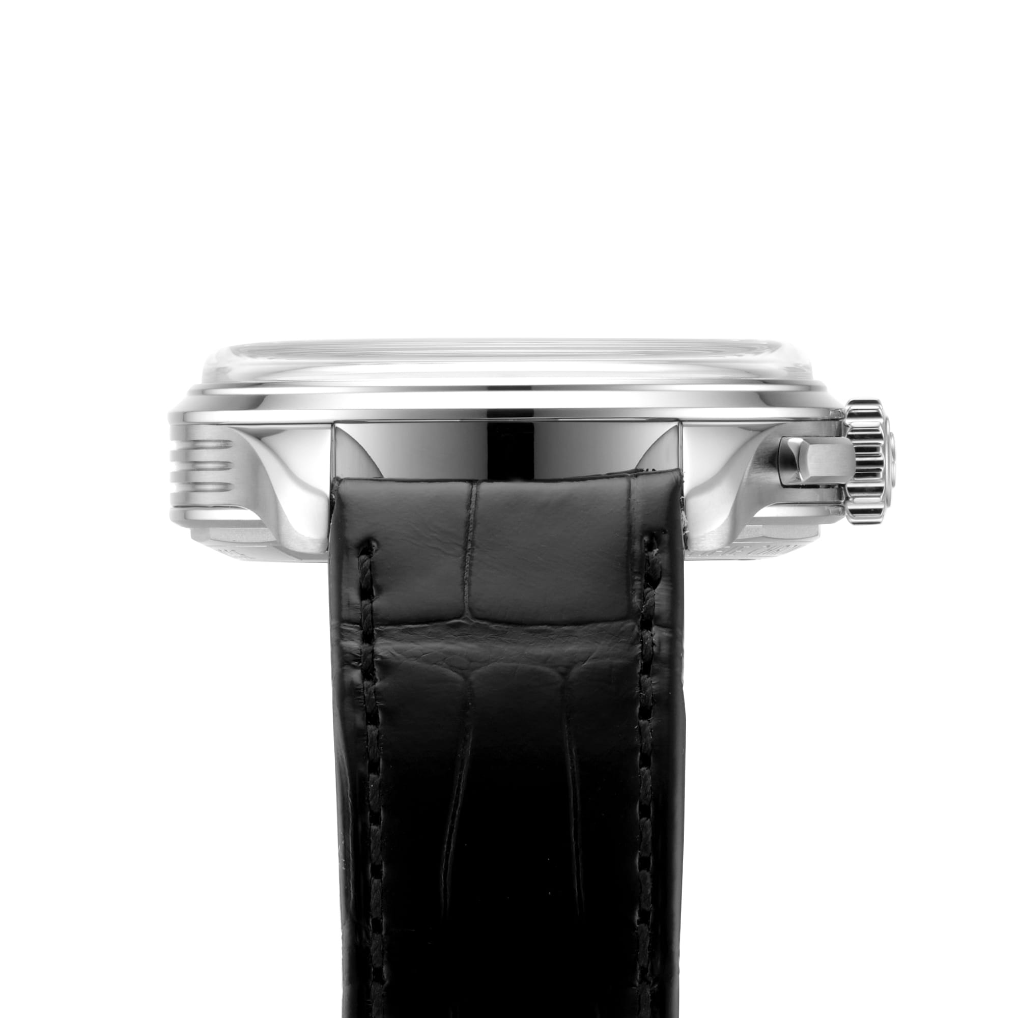Side view of a Breitling Premier B09 Chronograph 42 silver wristwatch with a black leather strap, displayed against a white background.