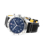 The Breitling Classic AVI Chronograph 42 Tribute To Vought F4U features a stainless steel case, blue dial, black leather strap with white stitching, and three subdials—crafted as the ideal pilot’s watch.