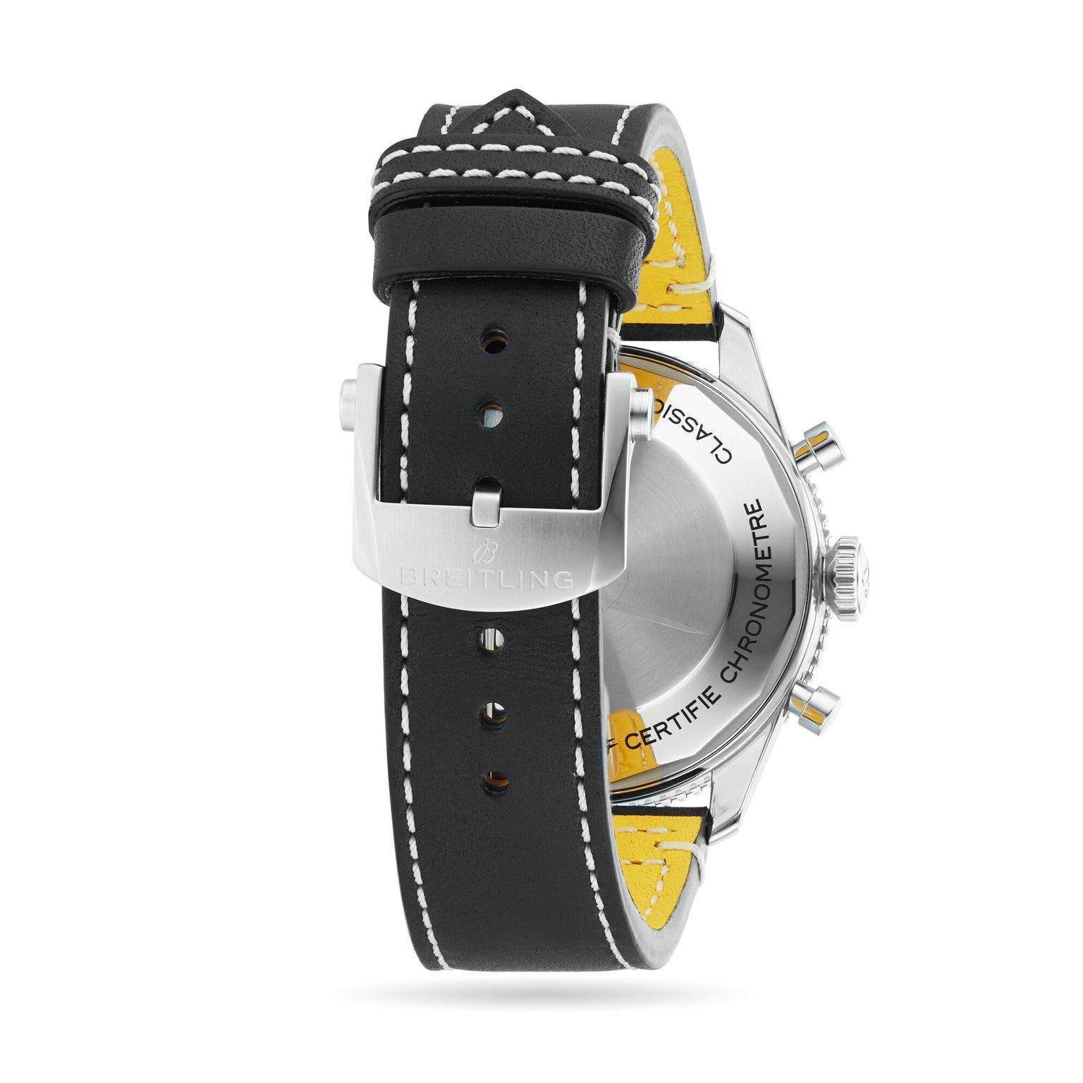 A close-up of the back of a Breitling Classic AVI Chronograph 42 Tribute To Vought F4U watch with a black leather strap, yellow inner lining, and silver buckle engraved with the brand name.