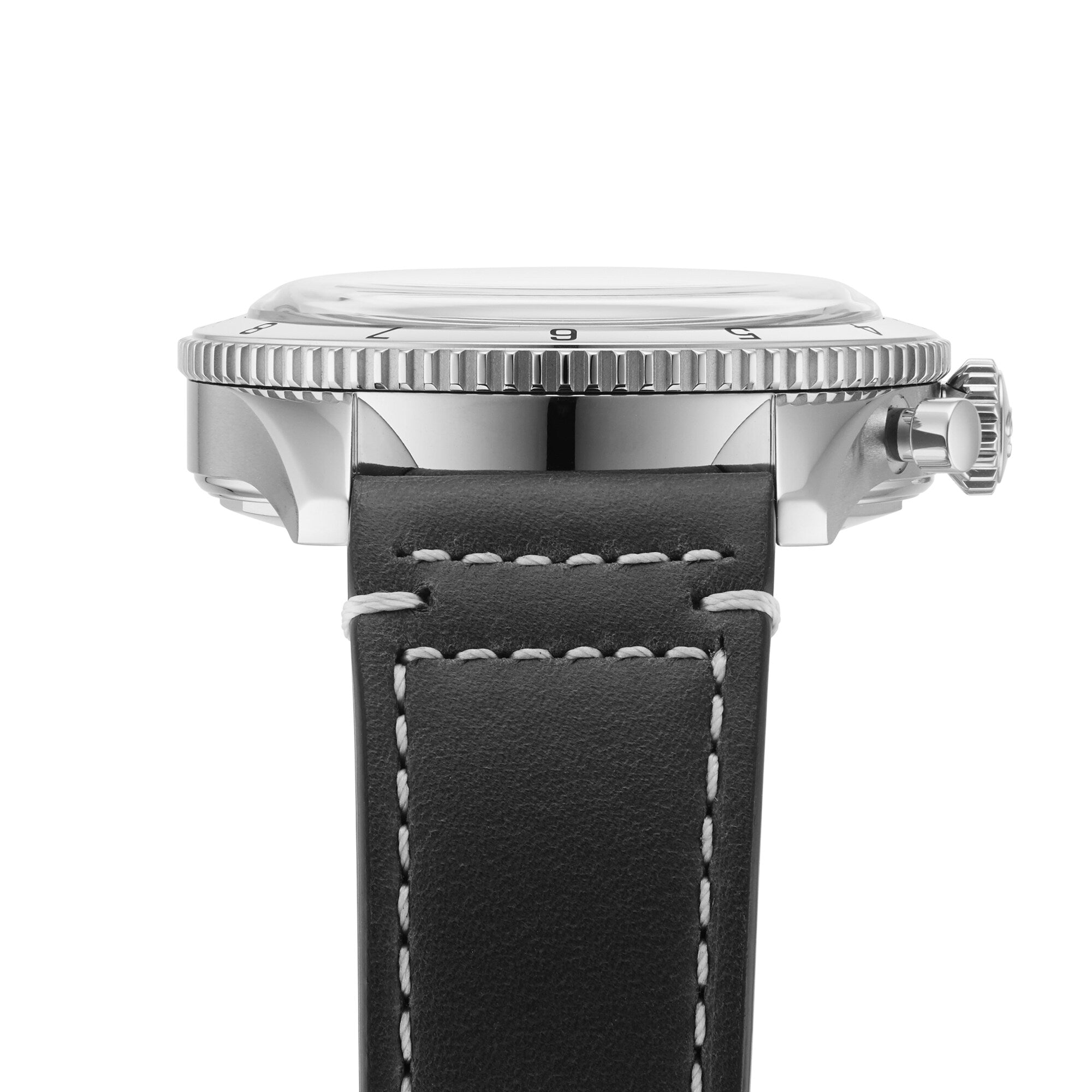 Side view of the Breitling Classic AVI Chronograph 42 Tribute To Vought F4U, showcasing a round silver case, knurled bezel, crown, and black leather strap with white stitching. Powered by the precise Breitling 23 calibre.