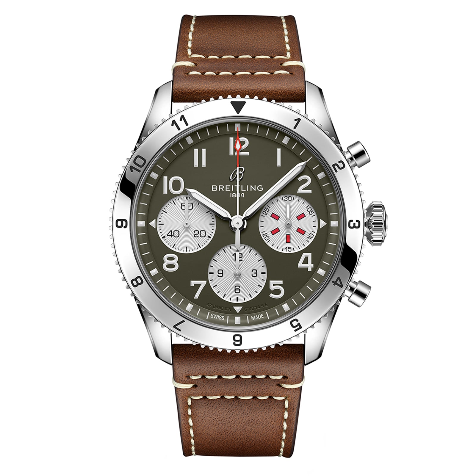 The Breitling Classic AVI Chronograph 42 Curtiss Warhawk features an olive green dial, white subdials, silver bezel, and brown leather strap with white stitching, powered by the precise Breitling 23 calibre.