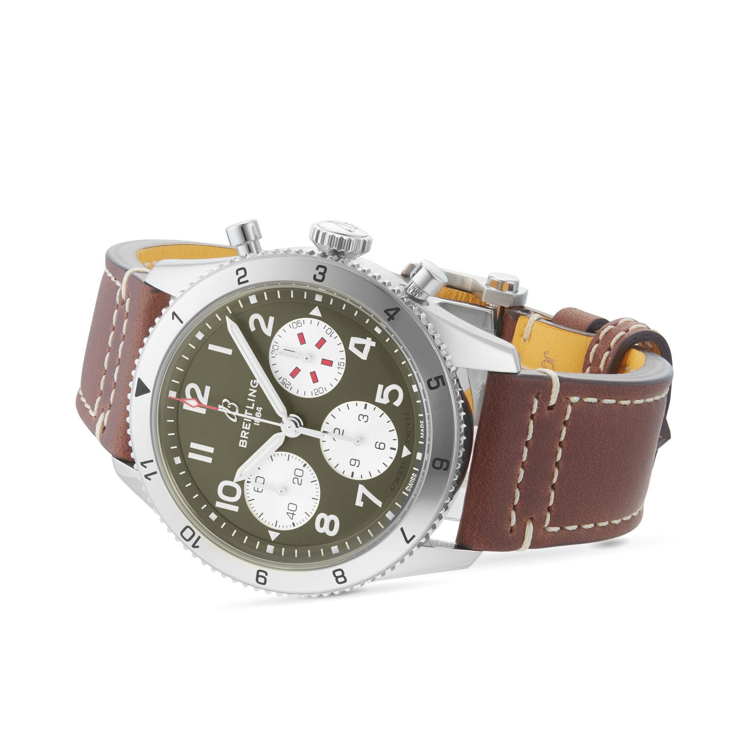 The Breitling Classic AVI Chronograph 42 Curtiss Warhawk features a stainless steel case, olive green dial with three subdials, Breitling 23 calibre movement, and a brown leather strap with white stitching.