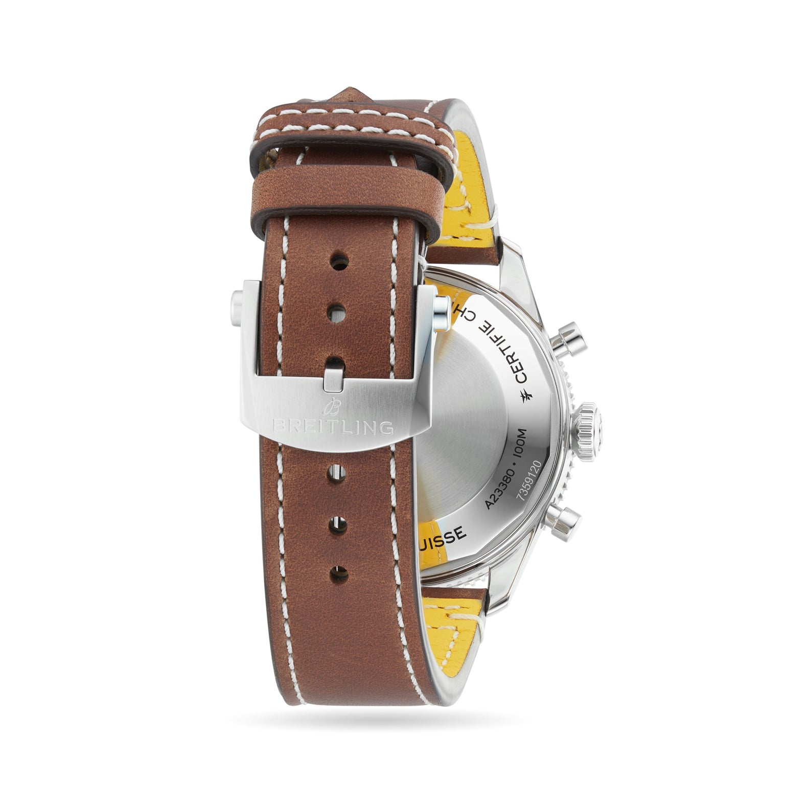 Back view of the Classic AVI Chronograph 42 Curtiss Warhawk by Breitling, featuring a brown leather strap with white stitching, stainless steel buckle engraved with Breitling, visible case and chronograph buttons, and a Breitling 23 calibre.