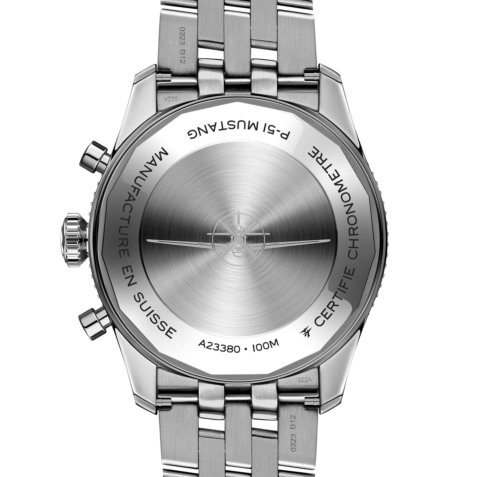 Back view of the Breitling Classic AVI Chronograph 42 P-51 Mustang, showcasing aviation roots with engravings—MANUFACTURE EN SUISSE, CERTIFIE CHRONOMETRE, A23380, 100M—and a metal bracelet inspired by the iconic P-51 Mustang.
