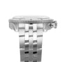 Side view of the Breitling Classic AVI Chronograph 42 P-51 Mustang, a stainless steel pilot’s watch with ridged bezel, crown, and metal bracelet, inspired by aviation heritage, shown against a plain background.