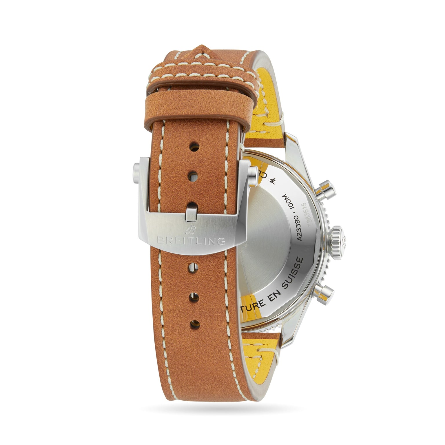 A Breitling Classic AVI Chronograph 42 P-51 Mustang watch with a silver case, brown leather strap, and white stitching, shown from the back to highlight the buckle and case back engraving.