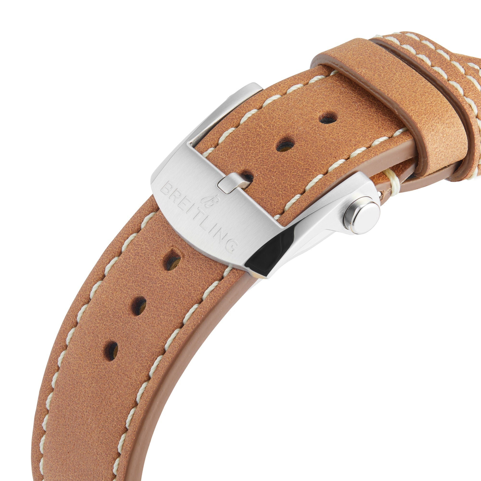 Close-up of a tan leather watch strap with white stitching and a silver Breitling-engraved buckle—ideal for the Classic AVI Chronograph 42 P-51 Mustang by Breitling.