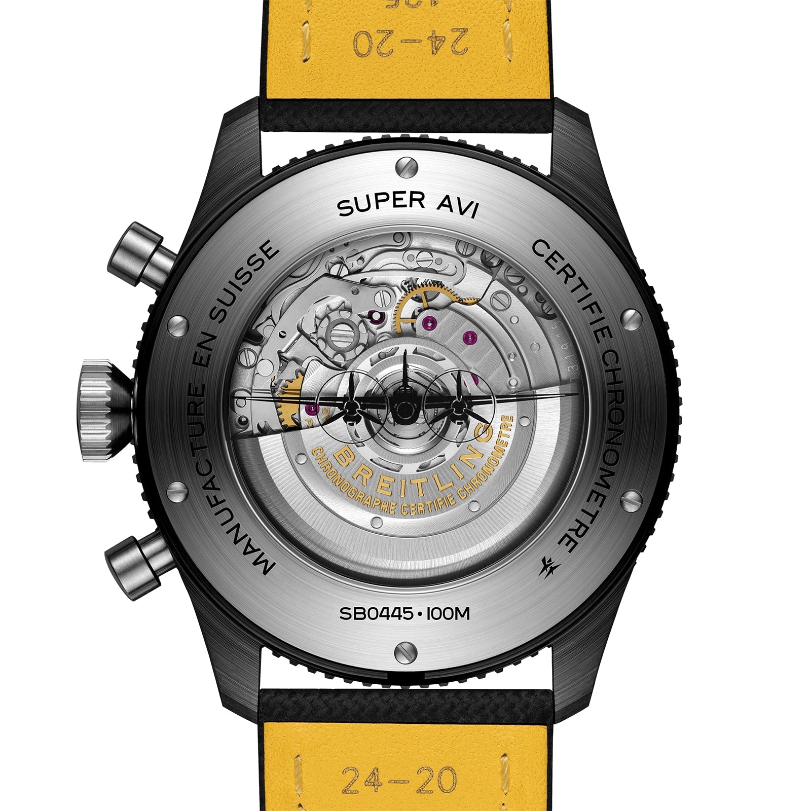 Close-up of the Breitling Super AVI B04 Chronograph GMT Mosquito Night’s caseback, revealing its mechanical movement, aviation-inspired engravings, and a yellow leather strap with measurement markings—honoring the de Havilland Mosquito.