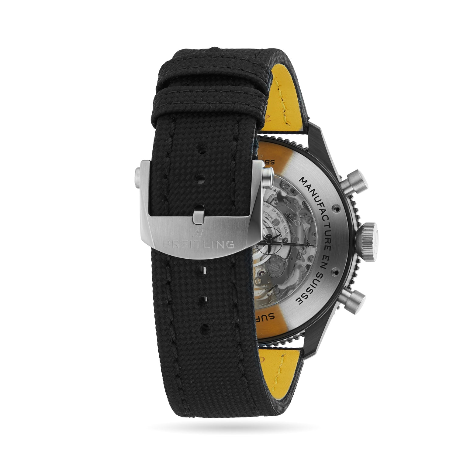 Rear view of the Breitling Super AVI B04 Chronograph GMT Mosquito Night, featuring a black textured strap, silver buckle, and transparent case back revealing the movement—celebrating aviation heritage and the de Havilland Mosquito.