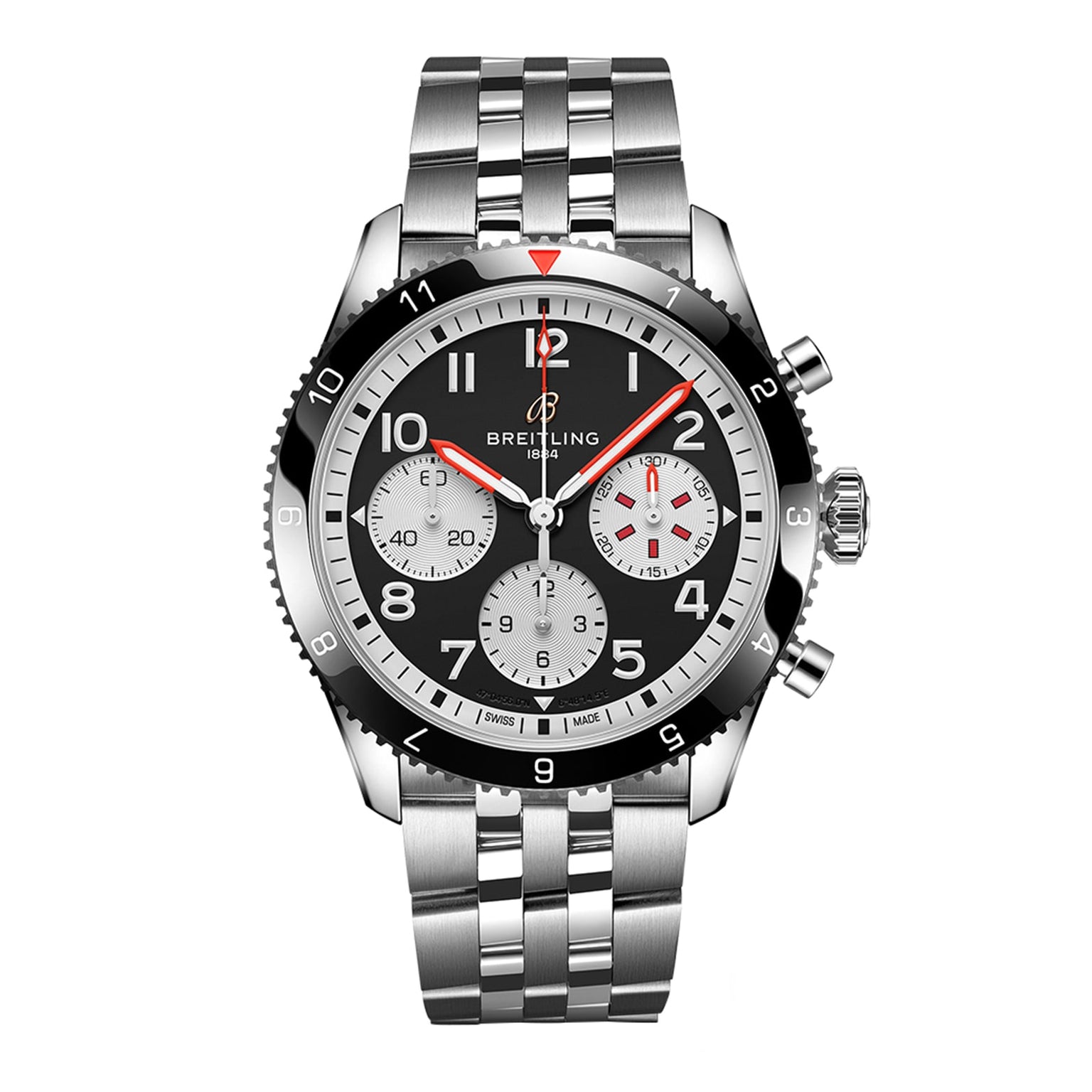 The Breitling Classic AVI Chronograph 42 Mosquito, a stainless steel wristwatch with a black dial, three subdials, red accents, and a metal link bracelet, is displayed on a white background.