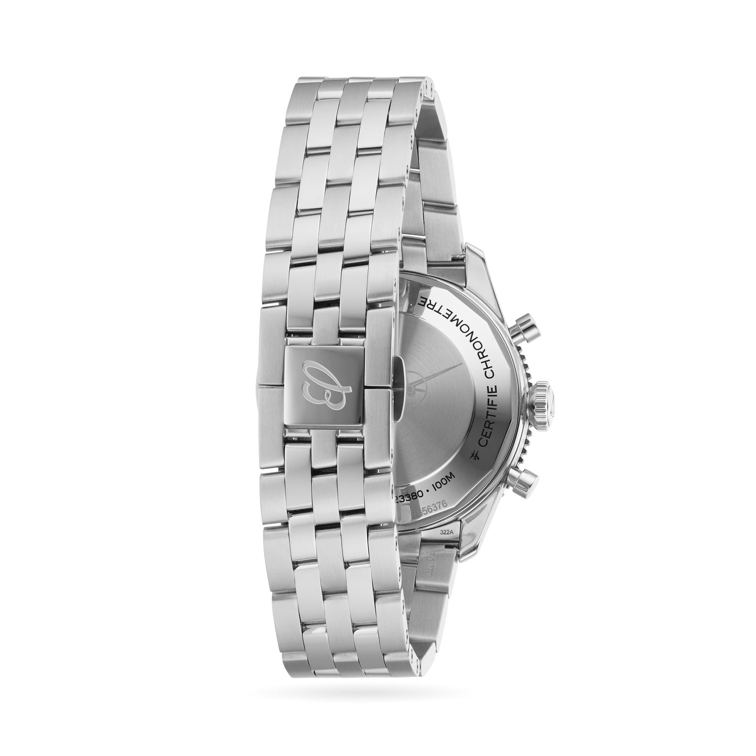 The image shows the back of the Breitling Classic AVI Chronograph 42 Mosquito, featuring its clasp and engraved case back—a stainless steel pilots watch inspired by aviation history and part of the renowned Aviator 8 collection.