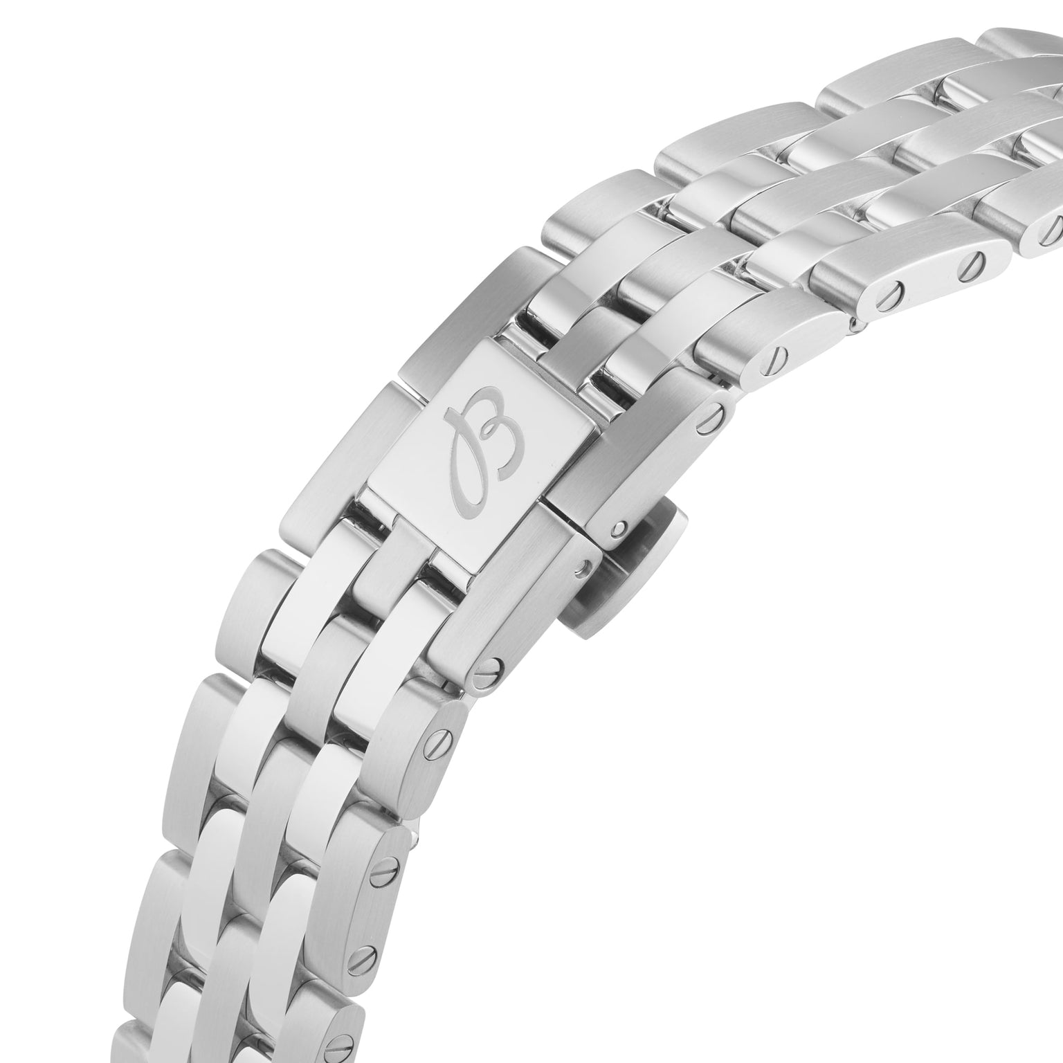 Close-up of a stainless steel bracelet with an engraved B logo clasp on the Breitling Classic AVI Chronograph 42 Mosquito, honoring the brand’s aviation heritage as a classic pilot’s watch.