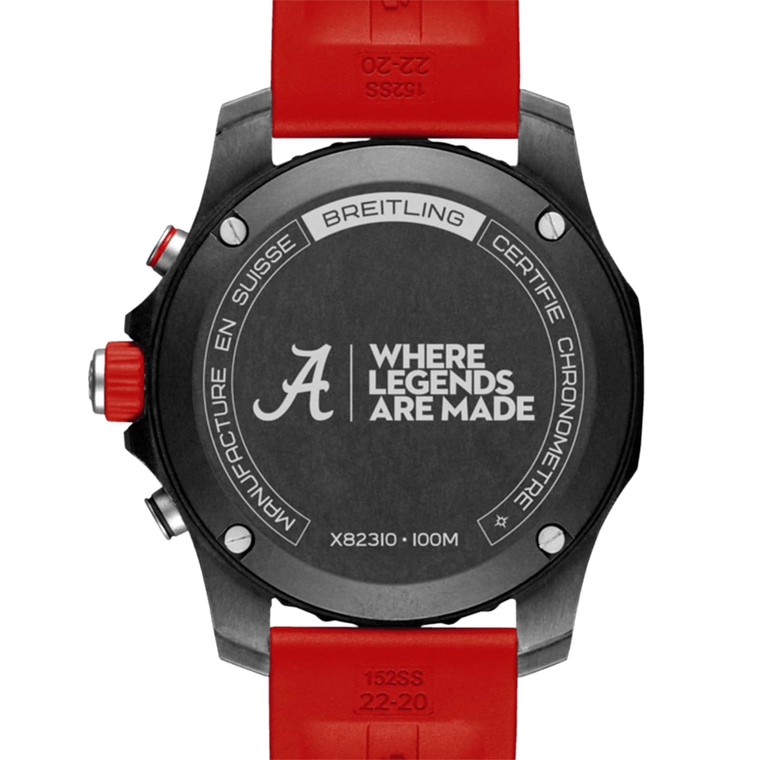 Back view of the Breitling Endurance Pro 44 The University Of Alabama® watch with red straps, engraved with the Alabama A logo and Where Legends Are Made, crafted in lightweight Breitlight®.