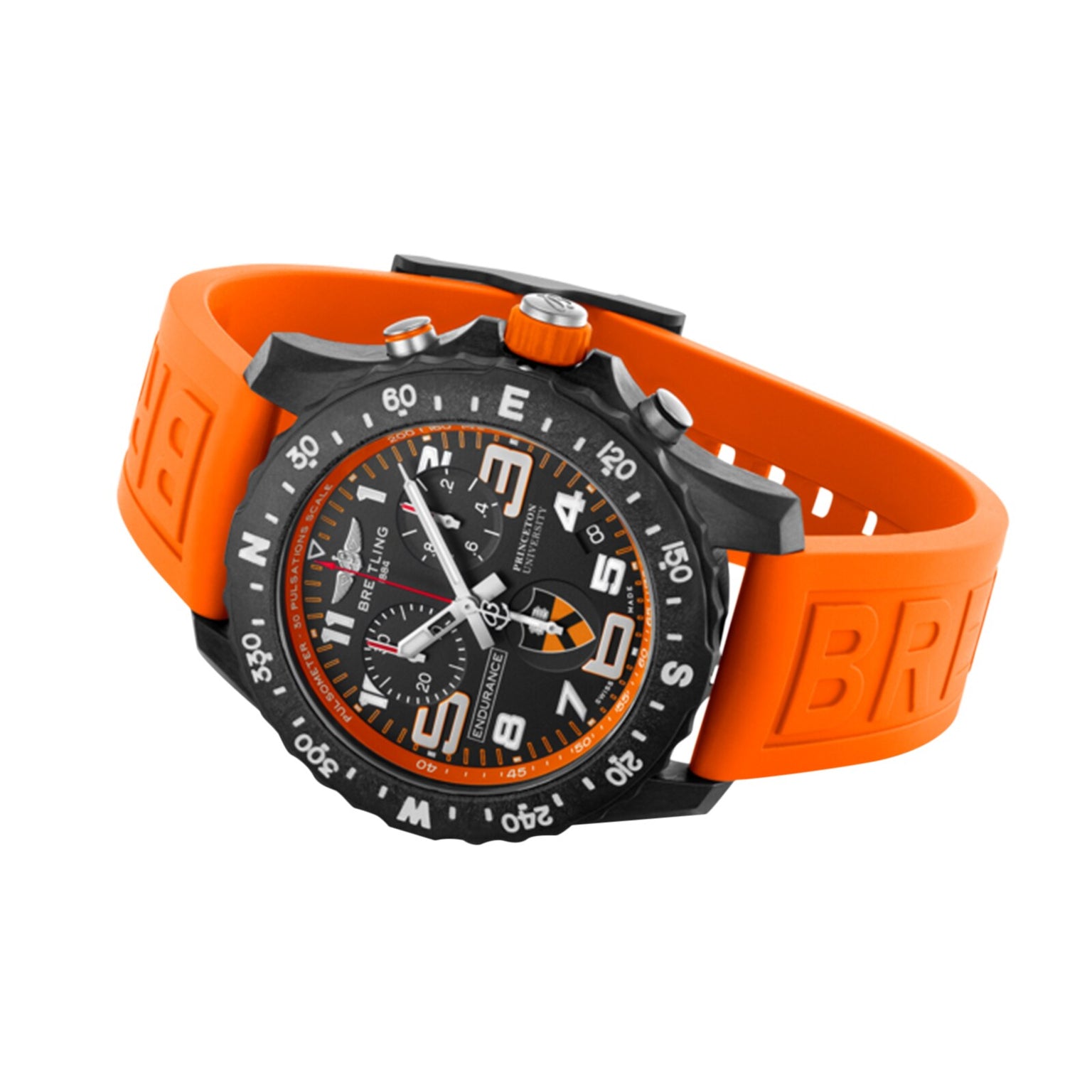 A black Breitling Endurance Pro 44 Princeton® University Edition wristwatch with a large round face, bold numerals, and an orange rubber strap in lightweight Breitlight, displayed at an angle on a white background.