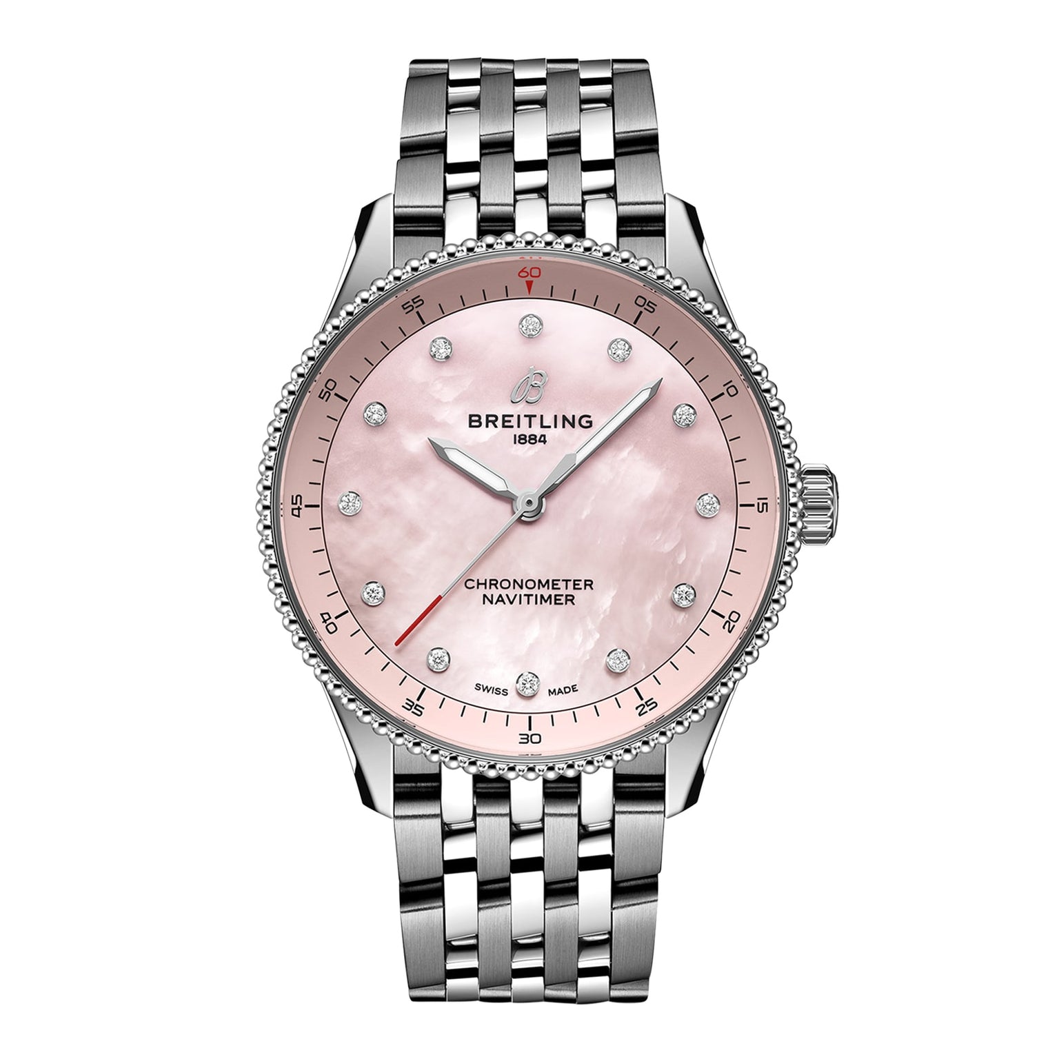 The Breitling Navitimer 32 features a pink mother-of-pearl dial with diamond hour markers, a stainless steel case, and a silver link bracelet, all powered by the precise Breitling Calibre 77.