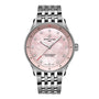 The Breitling Navitimer 32 features a pink mother-of-pearl dial with diamond hour markers, a stainless steel case, and a silver link bracelet, all powered by the precise Breitling Calibre 77.