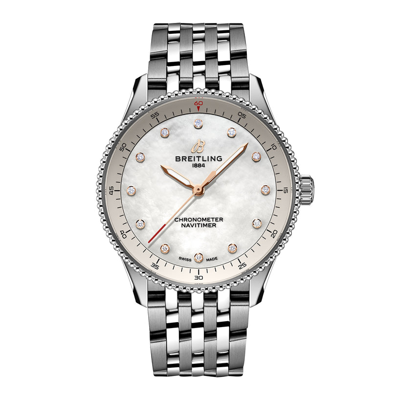 The Breitling Navitimer 32 boasts a stainless steel bracelet, white dial with diamond hour markers, minimalist design, and precise SuperQuartz™ movement for outstanding accuracy.