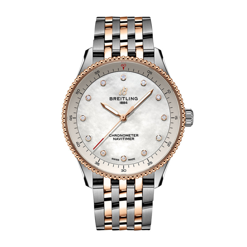 The Breitling Navitimer 32 features SuperQuartz™ movement, a two-tone bracelet, mother-of-pearl dial with diamond hour markers, gold bezel, and three hands.