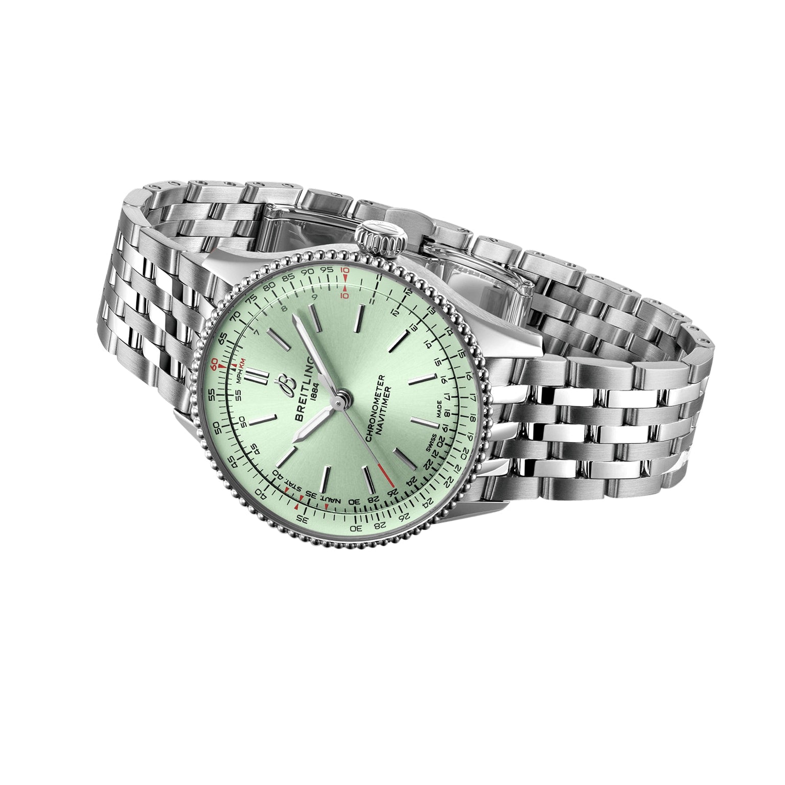 A Breitling Navitimer Automatic 36 wristwatch with a mint green dial, silver hour markers, red accents, and a stainless steel link bracelet is displayed at an angle on a white background.
