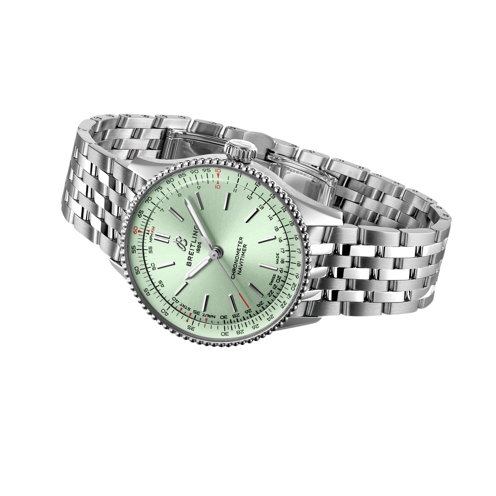 A Breitling Navitimer Automatic 36 wristwatch with a mint green dial, silver hour markers, red accents, and a stainless steel link bracelet is displayed at an angle on a white background.