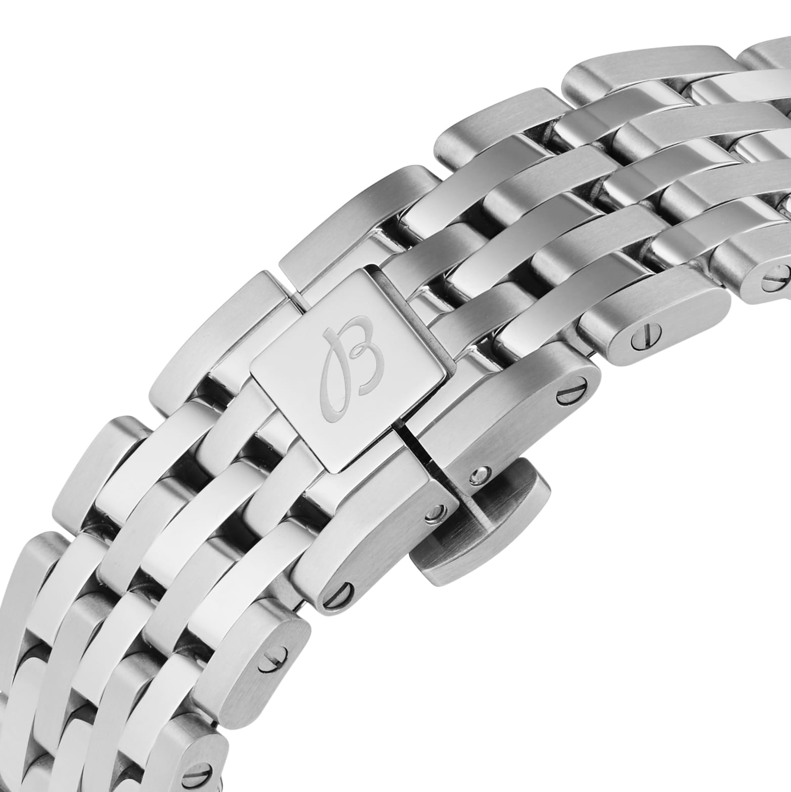 Close-up of the Breitling Navitimer Automatic 36’s stainless steel bracelet with a deployment clasp engraved with the B logo, complementing its mint green dial and reliable Breitling 17 movement.