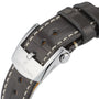 Close-up of the Breitling Navitimer Automatic 36s dark leather strap with white stitching and a stainless steel clasp engraved with the Breitling logo—an elegant match for this iconic timepiece.