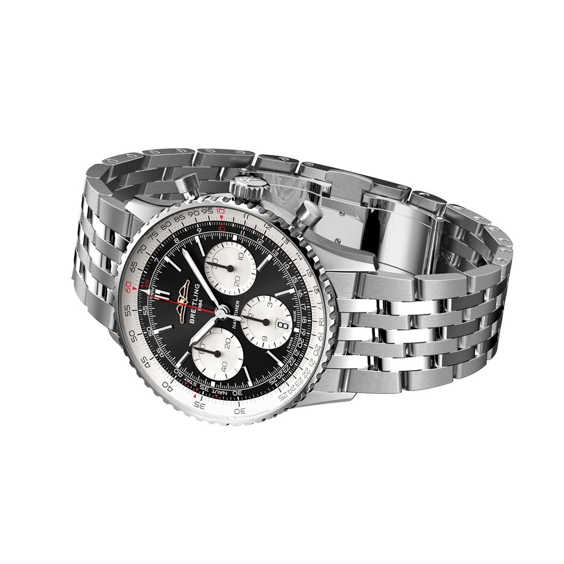 The Breitling Navitimer B01 Chronograph 41 features a stainless steel case, black dial with three subdials, silver bezel, and metal link bracelet—highlighting its chronograph movement and aviation heritage.
