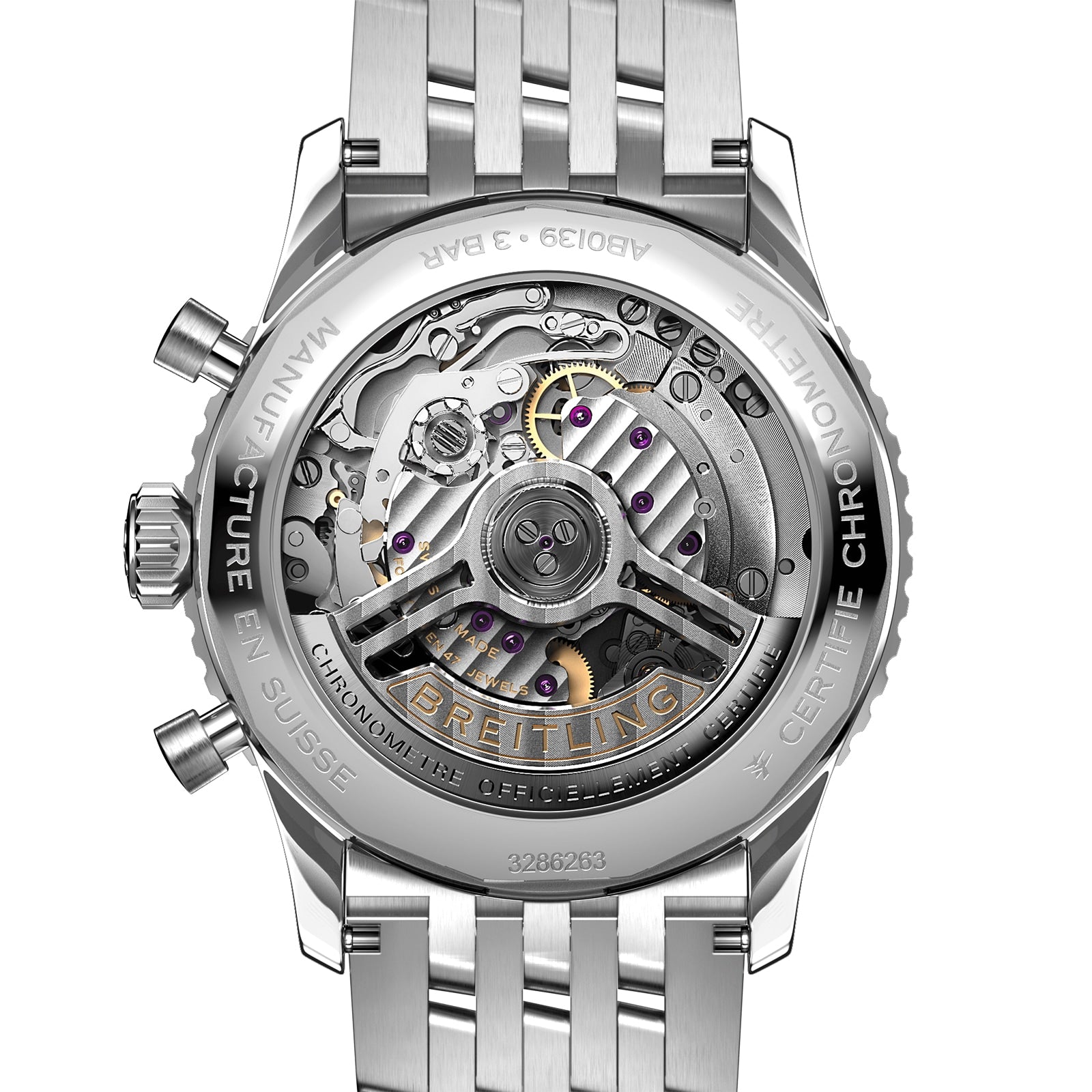 Close-up of the Breitling Navitimer B01 Chronograph 41 case back, revealing its detailed chronograph movement and inner workings through a transparent cover—a tribute to the brand’s aviation heritage.