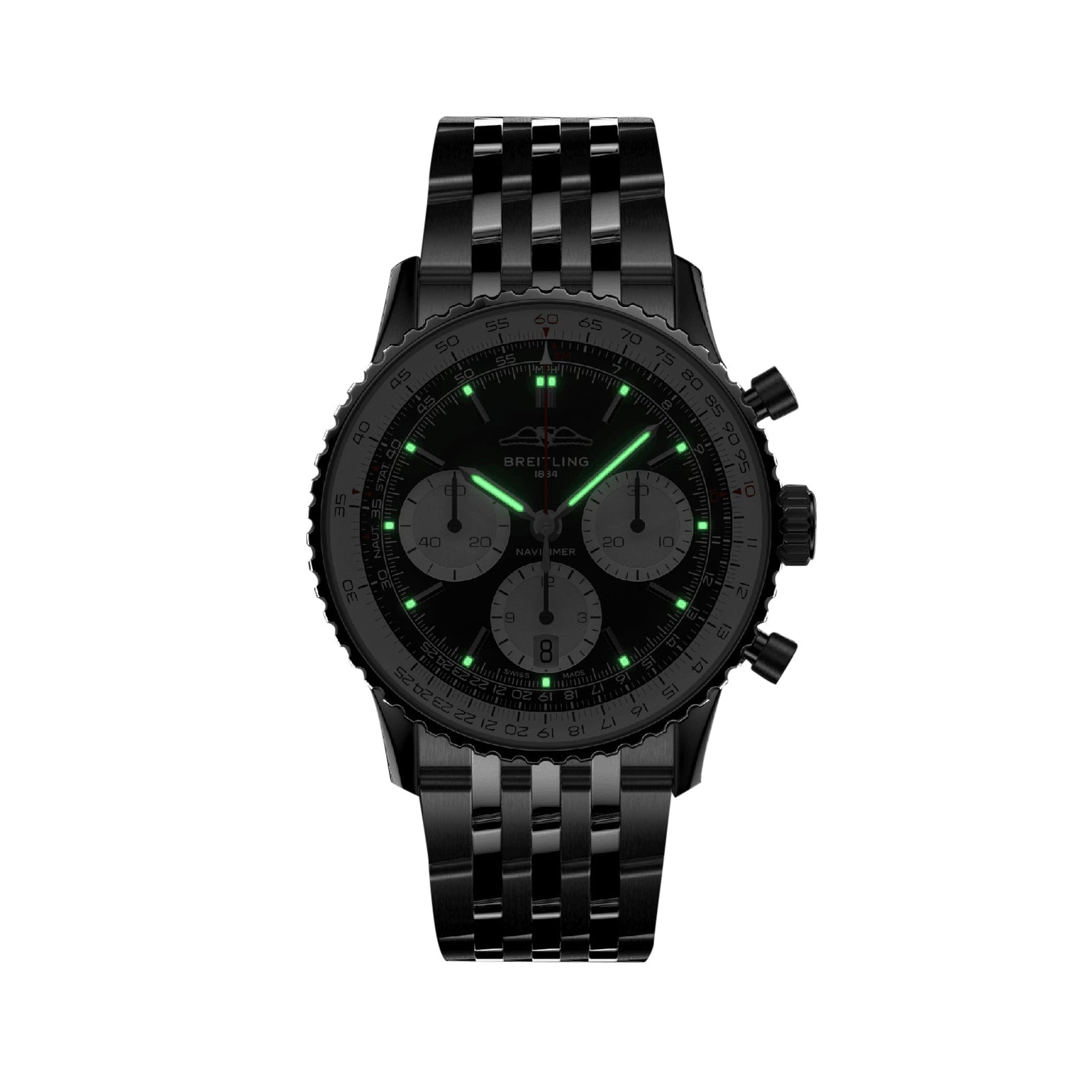 A Breitling Navitimer B01 Chronograph 41 wristwatch with a black dial, metal bracelet, luminous green markers, and three subdials highlights its aviation heritage against a white background.
