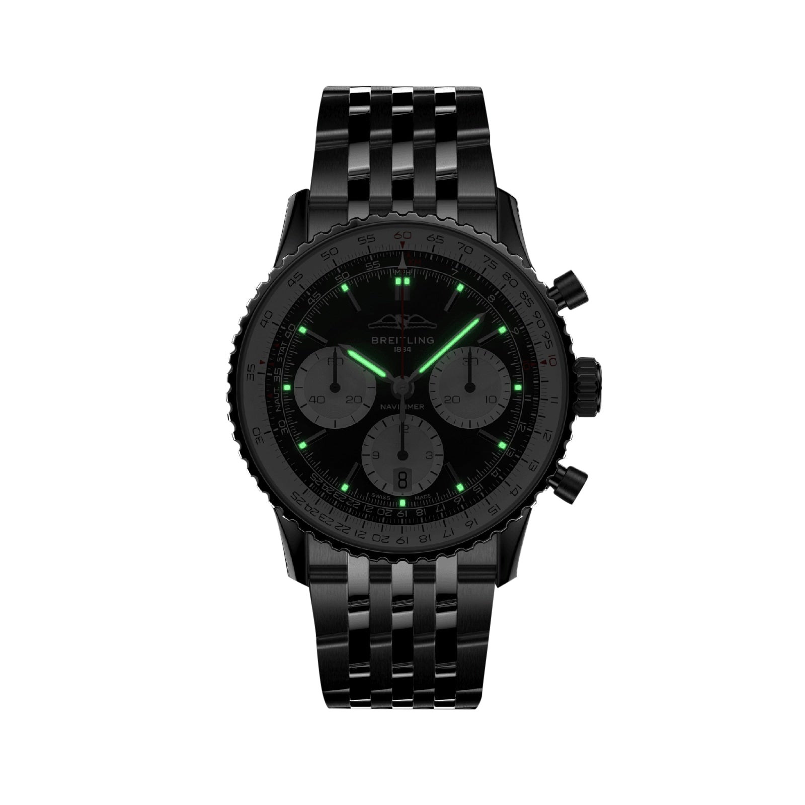 A Breitling Navitimer B01 Chronograph 41 wristwatch with a black dial, metal bracelet, luminous green markers, and three subdials highlights its aviation heritage against a white background.