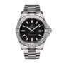 The Breitling Avenger Automatic 42 is a stainless steel watch with a military-style black dial, silver hour markers, date at 3 o’clock, and a metal bracelet. Powered by the precise Breitling 17 calibre movement.