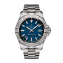 The Breitling Avenger Automatic 42 is a stainless steel chronometer wristwatch with a blue dial, date display at 3 o’clock, and silver metal link bracelet, featuring a military-inspired design and shown against a white background.