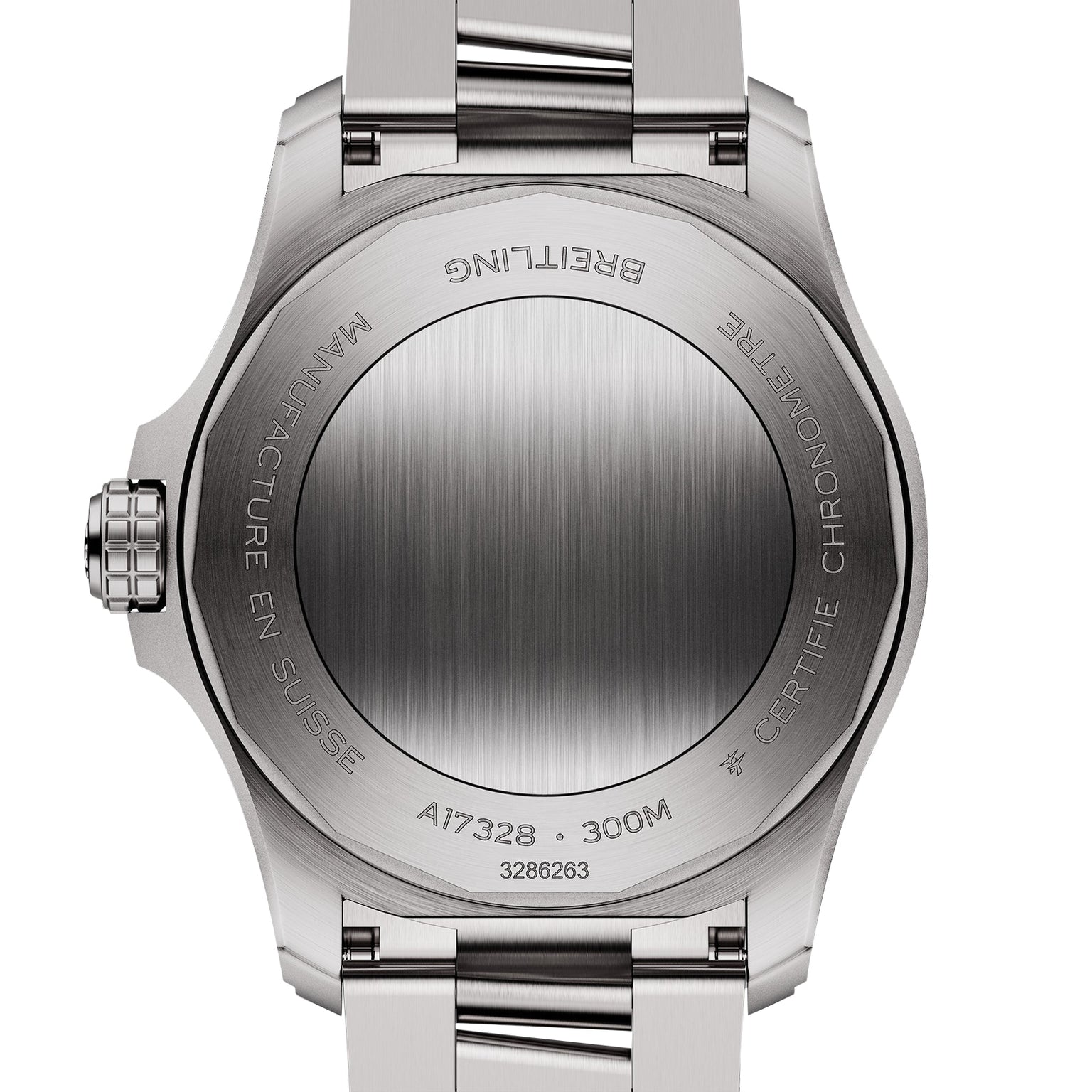 Back view of the Breitling Avenger Automatic 42 in stainless steel, engraved with brand name, water resistance (300M), model number (A17328), and Manufacture en Suisse, showcasing its military-inspired design.