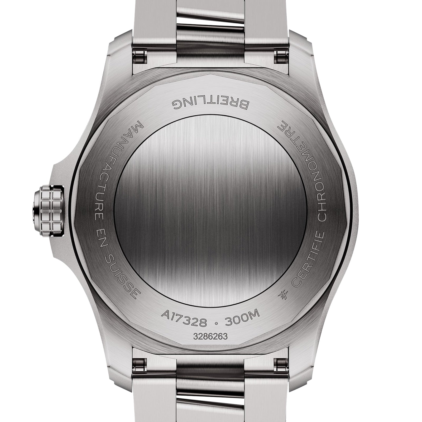 Back view of the Breitling Avenger Automatic 42 in stainless steel, engraved with brand name, water resistance (300M), model number (A17328), and Manufacture en Suisse, showcasing its military-inspired design.